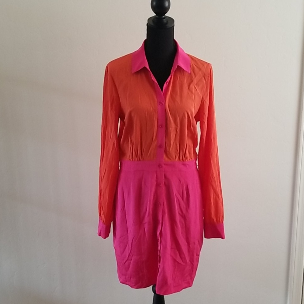 Bebe Pink & Orange Colorblock Shirtdress